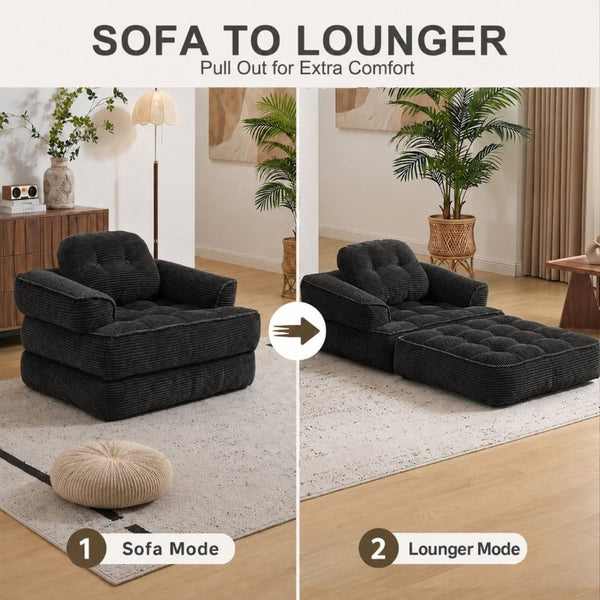 English Elm 66.9 Inch Convertible Corduroy Sofa Bed with Tufted Foam Cushions for Compact Living Spaces Black W5156P544068
