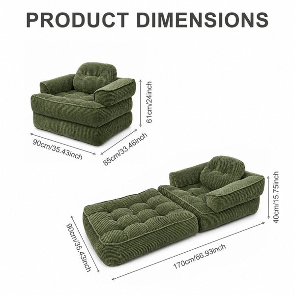 English Elm 66.9 Inch Convertible Corduroy Sofa Bed with Tufted Foam Cushions for Compact Living Spaces Dark Green W5156P544070