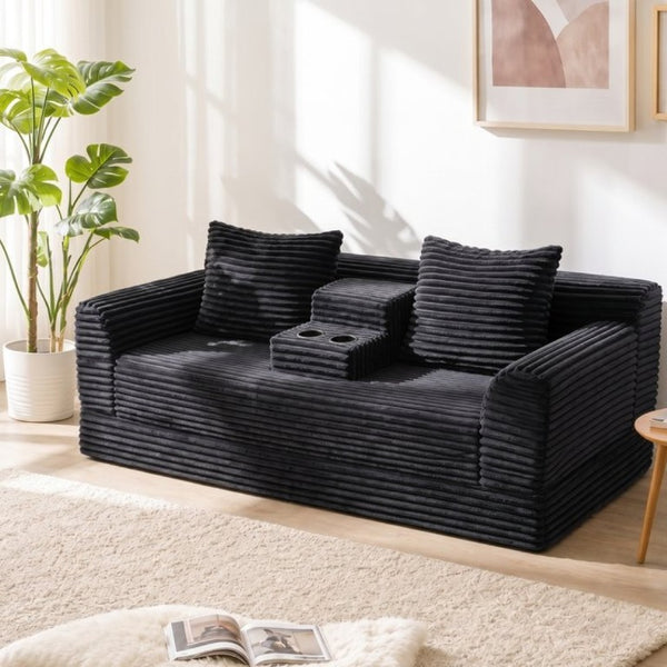 English Elm 72 Inch Chenille Corduroy Convertible Sleeper Sofa with Cup Holders for Apartment Spaces Black W5156P544073
