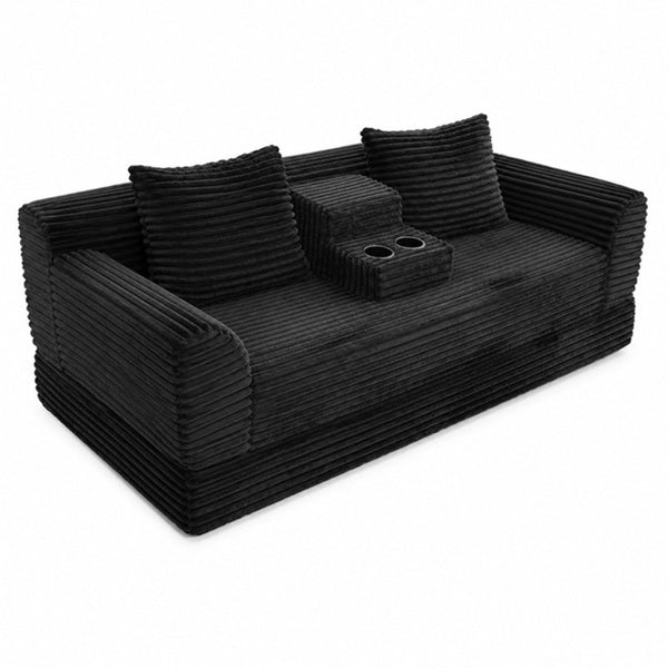 English Elm 72 Inch Chenille Corduroy Convertible Sleeper Sofa with Cup Holders for Apartment Spaces Black W5156P544073
