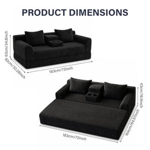 English Elm 72 Inch Chenille Corduroy Convertible Sleeper Sofa with Cup Holders for Apartment Spaces Black W5156P544073