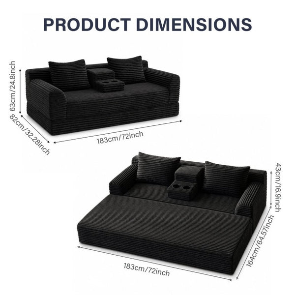 English Elm 72 Inch Chenille Corduroy Convertible Sleeper Sofa with Cup Holders for Apartment Spaces Black W5156P544073