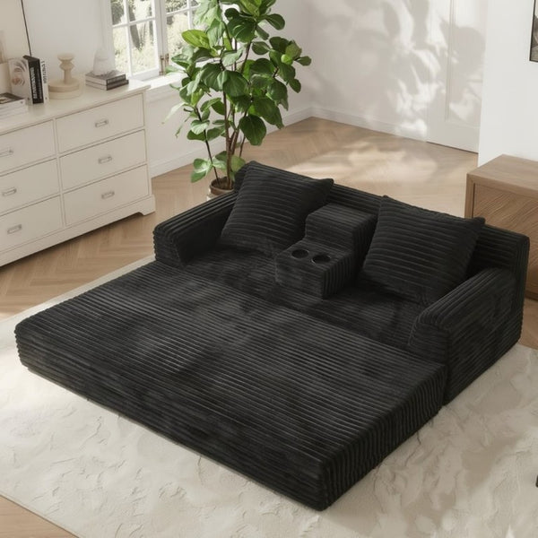 English Elm 72 Inch Chenille Corduroy Convertible Sleeper Sofa with Cup Holders for Apartment Spaces Black W5156P544073