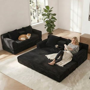 English Elm 72 Inch Chenille Corduroy Convertible Sleeper Sofa with Cup Holders for Apartment Spaces Black W5156P544073
