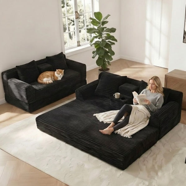 English Elm 72 Inch Chenille Corduroy Convertible Sleeper Sofa with Cup Holders for Apartment Spaces Black W5156P544073