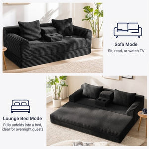 English Elm 72 Inch Chenille Corduroy Convertible Sleeper Sofa with Cup Holders for Apartment Spaces Black W5156P544073