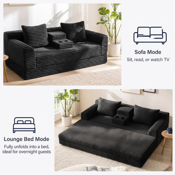 English Elm 72 Inch Chenille Corduroy Convertible Sleeper Sofa with Cup Holders for Apartment Spaces Black W5156P544073