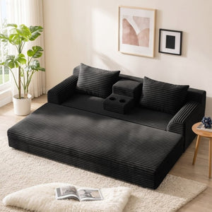 English Elm 72 Inch Chenille Corduroy Convertible Sleeper Sofa with Cup Holders for Apartment Spaces Black W5156P544073
