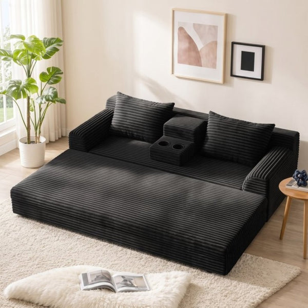 English Elm 72 Inch Chenille Corduroy Convertible Sleeper Sofa with Cup Holders for Apartment Spaces Black W5156P544073