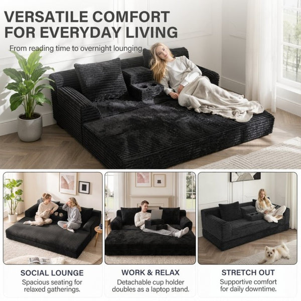 English Elm 72 Inch Chenille Corduroy Convertible Sleeper Sofa with Cup Holders for Apartment Spaces Black W5156P544073