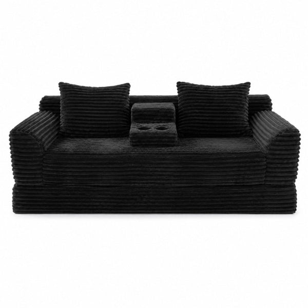English Elm 72 Inch Chenille Corduroy Convertible Sleeper Sofa with Cup Holders for Apartment Spaces Black W5156P544073