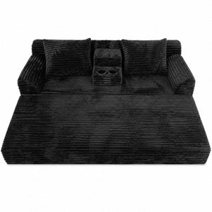 English Elm 72 Inch Chenille Corduroy Convertible Sleeper Sofa with Cup Holders for Apartment Spaces Black W5156P544073