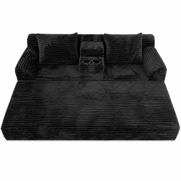 English Elm 72 Inch Chenille Corduroy Convertible Sleeper Sofa with Cup Holders for Apartment Spaces Black W5156P544073