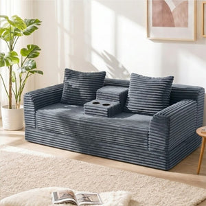 English Elm 72 Inch Chenille Corduroy Convertible Sleeper Sofa with Cup Holders for Apartment Spaces Dark Gray W5156P544074