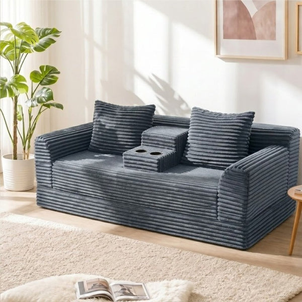 English Elm 72 Inch Chenille Corduroy Convertible Sleeper Sofa with Cup Holders for Apartment Spaces Dark Gray W5156P544074