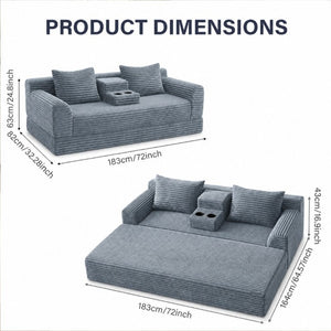English Elm 72 Inch Chenille Corduroy Convertible Sleeper Sofa with Cup Holders for Apartment Spaces Dark Gray W5156P544074