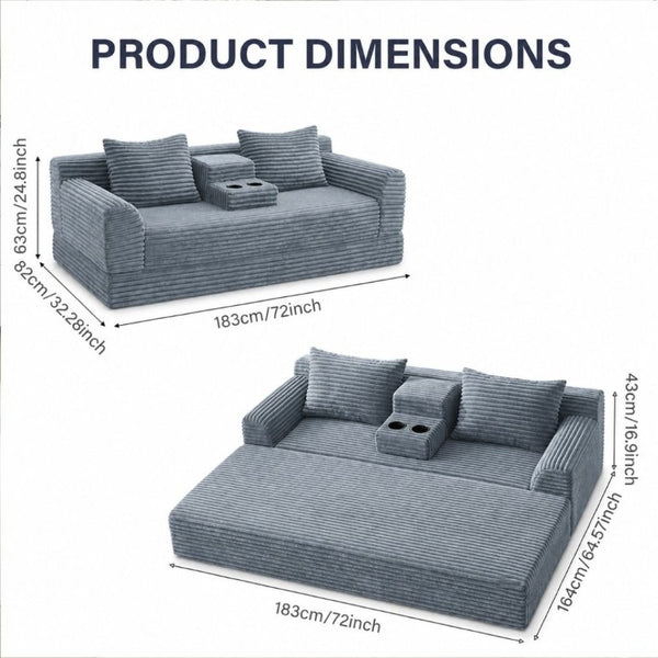 English Elm 72 Inch Chenille Corduroy Convertible Sleeper Sofa with Cup Holders for Apartment Spaces Dark Gray W5156P544074