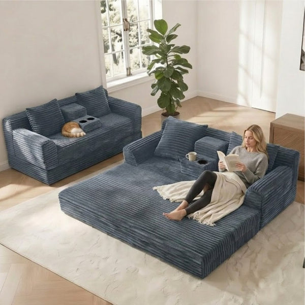 English Elm 72 Inch Chenille Corduroy Convertible Sleeper Sofa with Cup Holders for Apartment Spaces Dark Gray W5156P544074