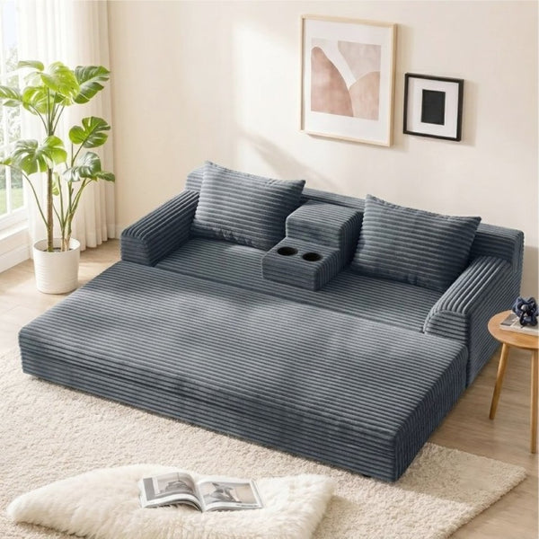 English Elm 72 Inch Chenille Corduroy Convertible Sleeper Sofa with Cup Holders for Apartment Spaces Dark Gray W5156P544074