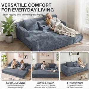 English Elm 72 Inch Chenille Corduroy Convertible Sleeper Sofa with Cup Holders for Apartment Spaces Dark Gray W5156P544074