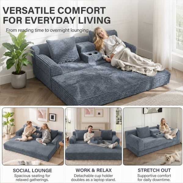 English Elm 72 Inch Chenille Corduroy Convertible Sleeper Sofa with Cup Holders for Apartment Spaces Dark Gray W5156P544074