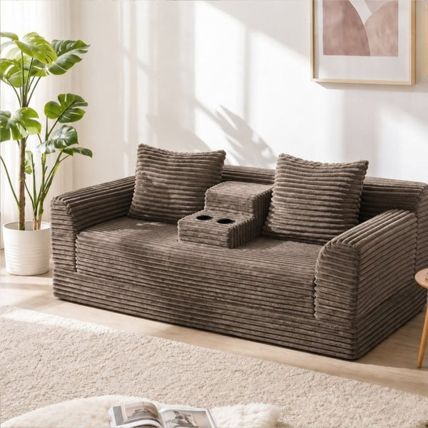 English Elm 72 Inch Chenille Corduroy Convertible Sleeper Sofa with Cup Holders for Apartment Spaces Coffee W5156P544075