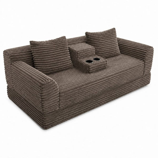 English Elm 72 Inch Chenille Corduroy Convertible Sleeper Sofa with Cup Holders for Apartment Spaces Coffee W5156P544075