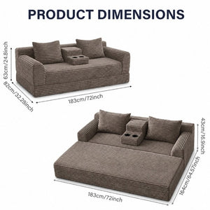 English Elm 72 Inch Chenille Corduroy Convertible Sleeper Sofa with Cup Holders for Apartment Spaces Coffee W5156P544075