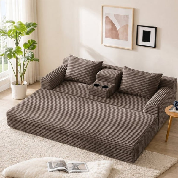 English Elm 72 Inch Chenille Corduroy Convertible Sleeper Sofa with Cup Holders for Apartment Spaces Coffee W5156P544075