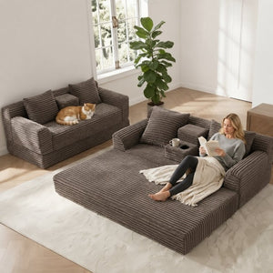 English Elm 72 Inch Chenille Corduroy Convertible Sleeper Sofa with Cup Holders for Apartment Spaces Coffee W5156P544075