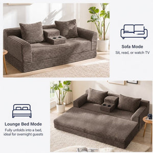 English Elm 72 Inch Chenille Corduroy Convertible Sleeper Sofa with Cup Holders for Apartment Spaces Coffee W5156P544075
