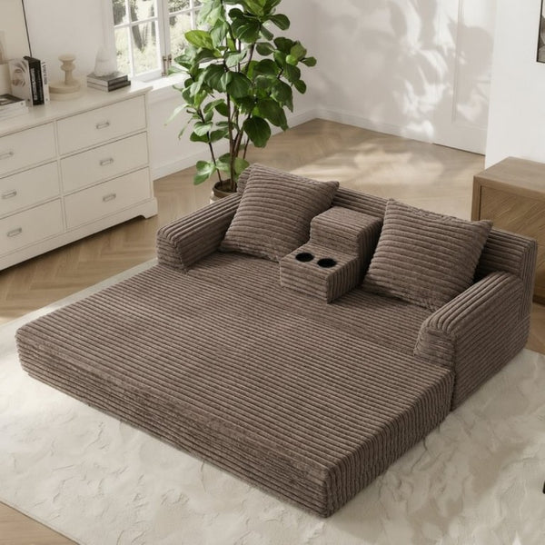 English Elm 72 Inch Chenille Corduroy Convertible Sleeper Sofa with Cup Holders for Apartment Spaces Coffee W5156P544075