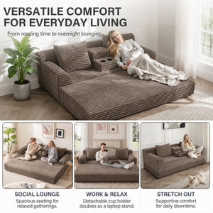 English Elm 72 Inch Chenille Corduroy Convertible Sleeper Sofa with Cup Holders for Apartment Spaces Coffee W5156P544075
