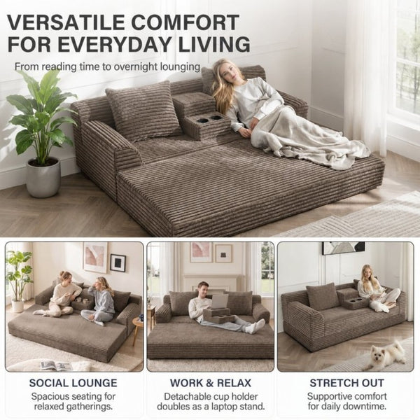 English Elm 72 Inch Chenille Corduroy Convertible Sleeper Sofa with Cup Holders for Apartment Spaces Coffee W5156P544075