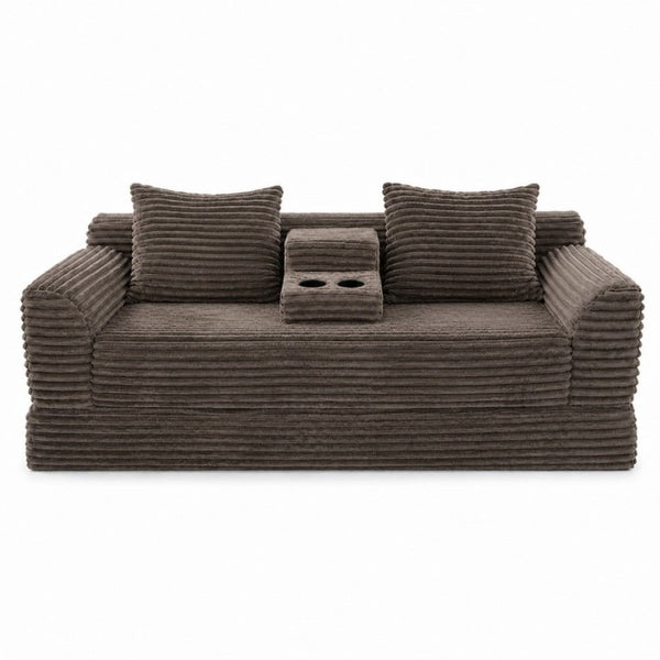 English Elm 72 Inch Chenille Corduroy Convertible Sleeper Sofa with Cup Holders for Apartment Spaces Coffee W5156P544075