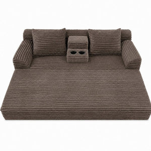 English Elm 72 Inch Chenille Corduroy Convertible Sleeper Sofa with Cup Holders for Apartment Spaces Coffee W5156P544075