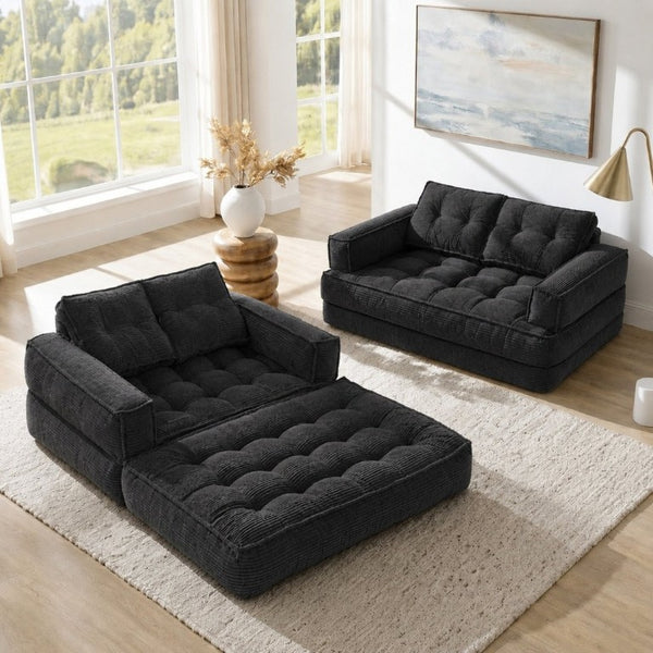 English Elm 51.18 Inch Modular Corduroy Floor Sofa Convertible Chaise Loveseat for Small Spaces Black W5156P544076