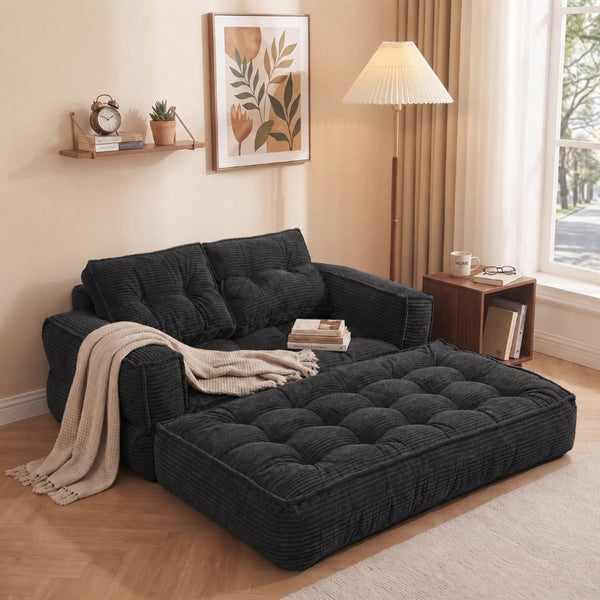 English Elm 51.18 Inch Modular Corduroy Floor Sofa Convertible Chaise Loveseat for Small Spaces Black W5156P544076