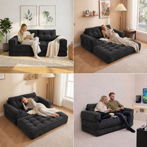 English Elm 51.18 Inch Modular Corduroy Floor Sofa Convertible Chaise Loveseat for Small Spaces Black W5156P544076