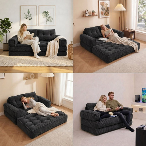 English Elm 51.18 Inch Modular Corduroy Floor Sofa Convertible Chaise Loveseat for Small Spaces Black W5156P544076