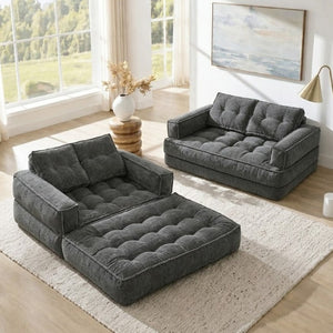 English Elm 51.18 Inch Modular Corduroy Floor Sofa Convertible Chaise Loveseat for Small Spaces Dark Gray W5156P544092