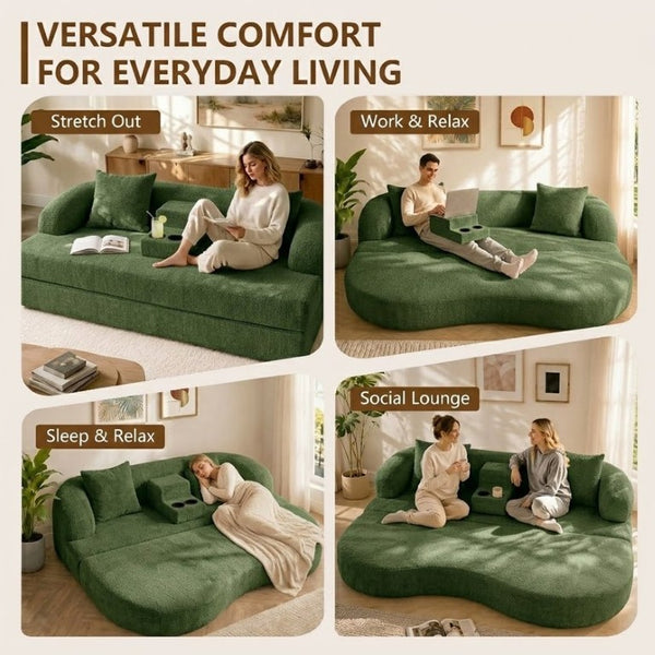 English Elm 70 Inch Chenille Convertible Loveseat Sleeper with Curved Design and Foam Core for Studios Army Green W5156P546718
