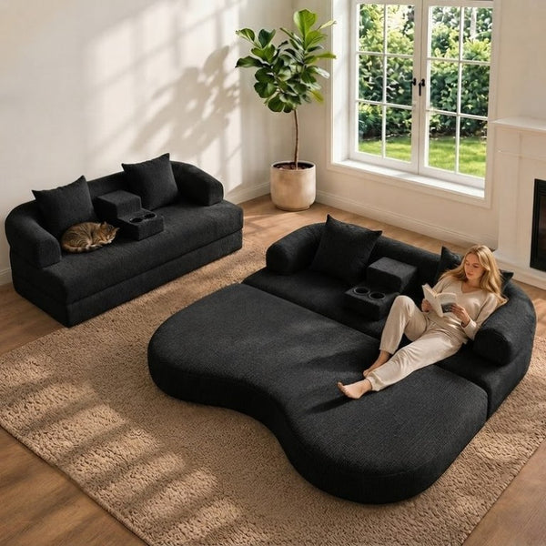 English Elm 70 Inch Chenille Convertible Loveseat Sleeper with Curved Design and Foam Core for Studios Black W5156P546719