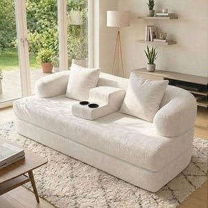 English Elm 70 Inch Chenille Convertible Loveseat Sleeper with Curved Design and Foam Core for Studios Off White W5156P546721