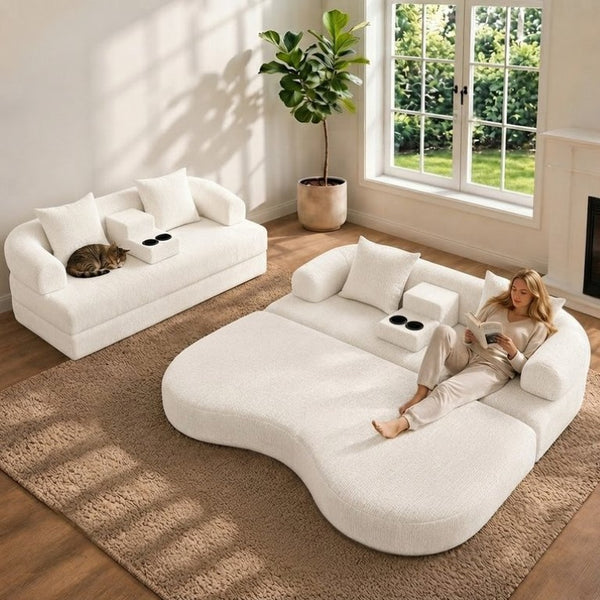 English Elm 70 Inch Chenille Convertible Loveseat Sleeper with Curved Design and Foam Core for Studios Off White W5156P546721