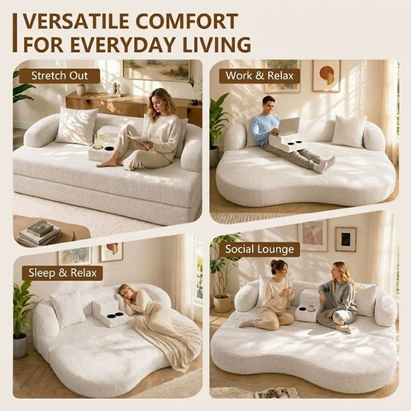 English Elm 70 Inch Chenille Convertible Loveseat Sleeper with Curved Design and Foam Core for Studios Off White W5156P546721