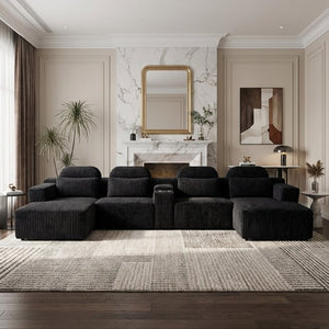 English Elm Modern Corduroy U-Shaped Sectional Sofa with Cup Holders for Spacious Living Rooms W5156S00006