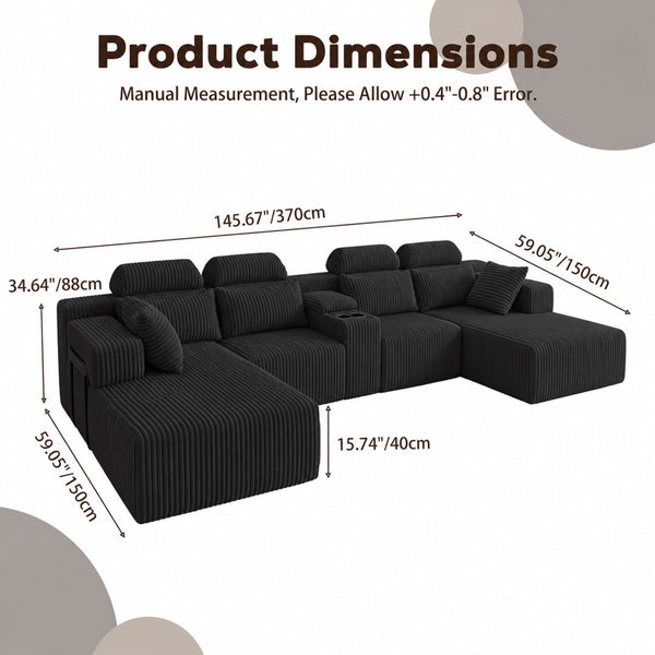 English Elm Modern Corduroy U-Shaped Sectional Sofa with Cup Holders for Spacious Living Rooms W5156S00006