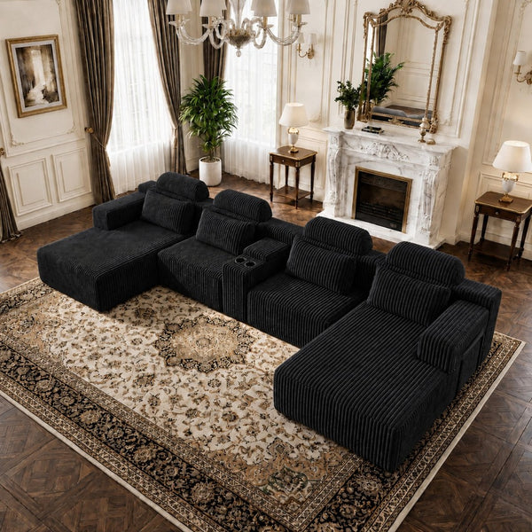 English Elm Modern Corduroy U-Shaped Sectional Sofa with Cup Holders for Spacious Living Rooms W5156S00006