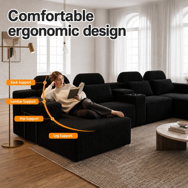 English Elm Modern Corduroy U-Shaped Sectional Sofa with Cup Holders for Spacious Living Rooms W5156S00006